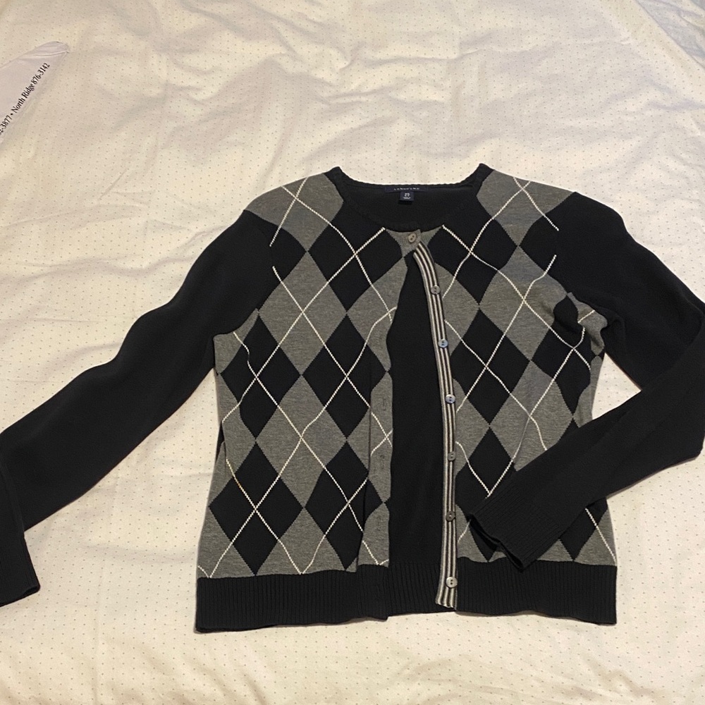 Lands' End Women's Black and Cream Argyle Cardigan